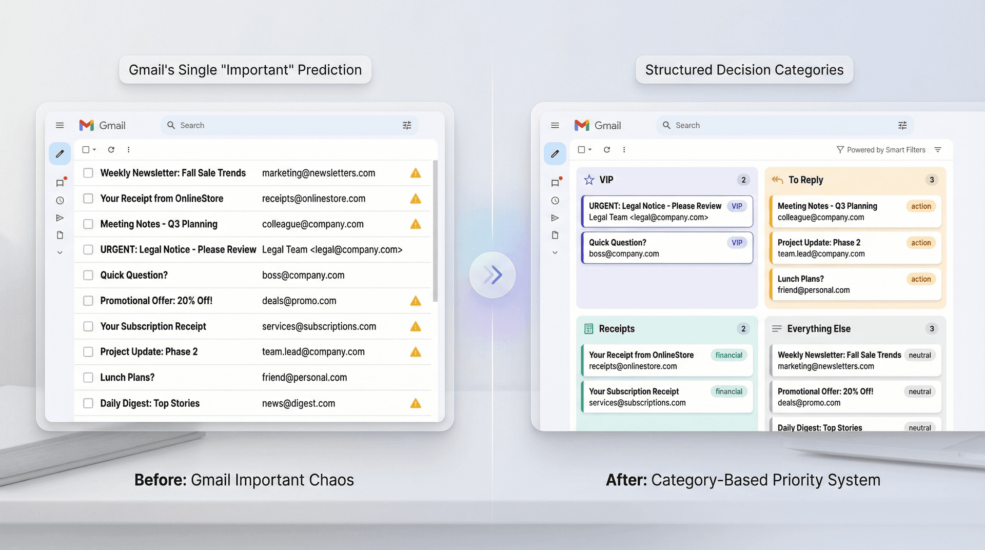 Side-by-side comparison showing cluttered Gmail inbox with unreliable important markers versus organized split-inbox with clear priority categories