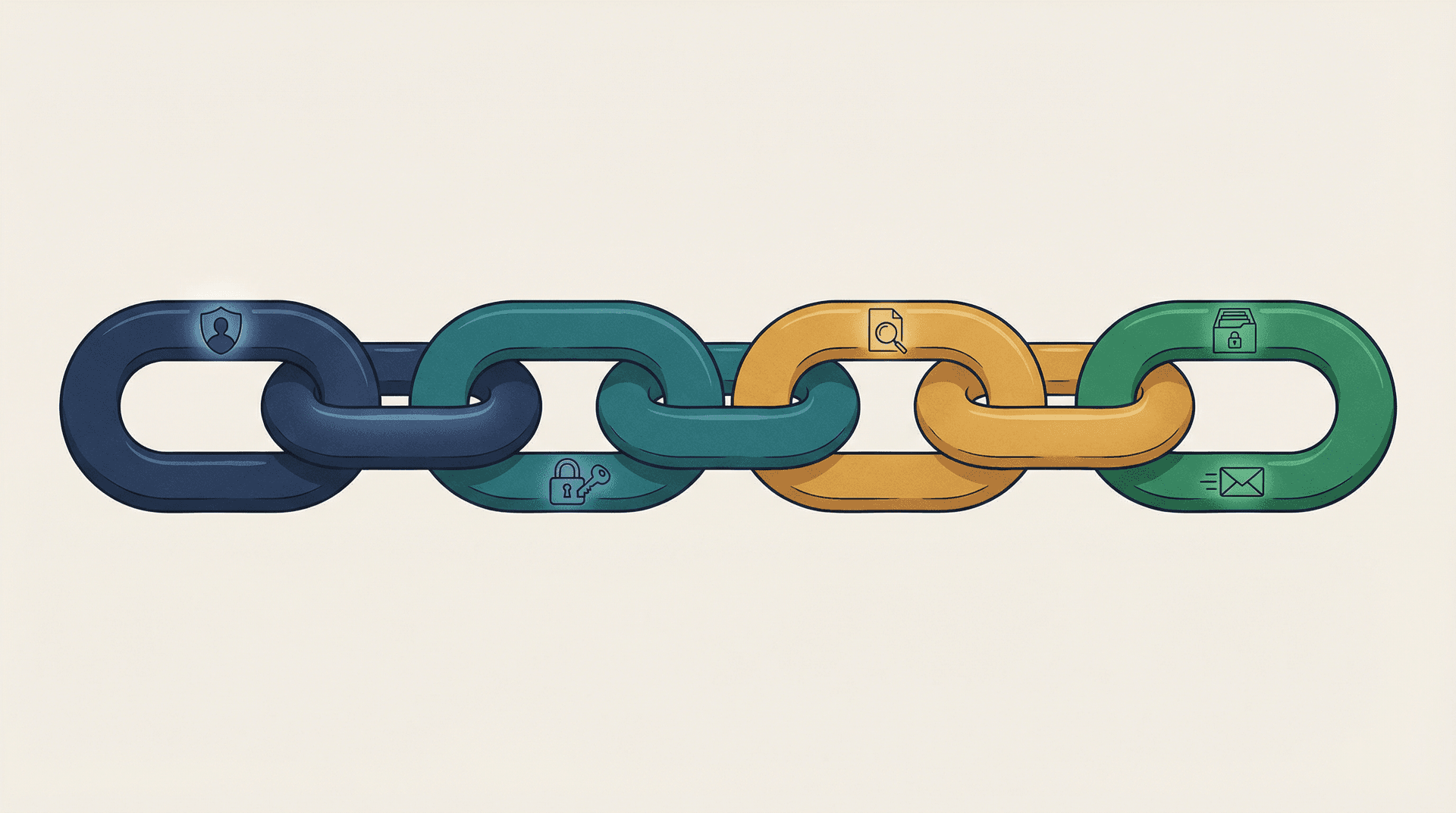 Four interlocked chain links for identity, authenticity, content risk, and data governance — a complete email security chain