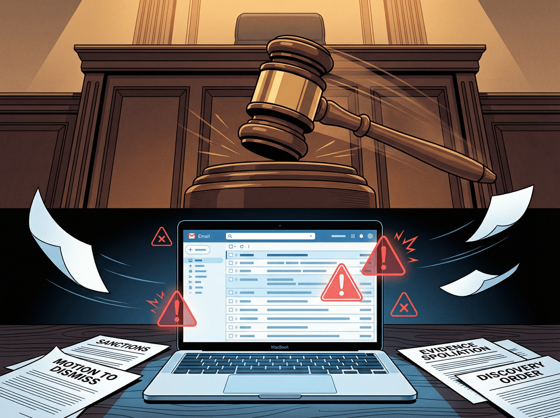 Editorial illustration of courtroom gavel striking down toward glowing laptop with email warnings, symbolizing legal consequences of preservation mistakes