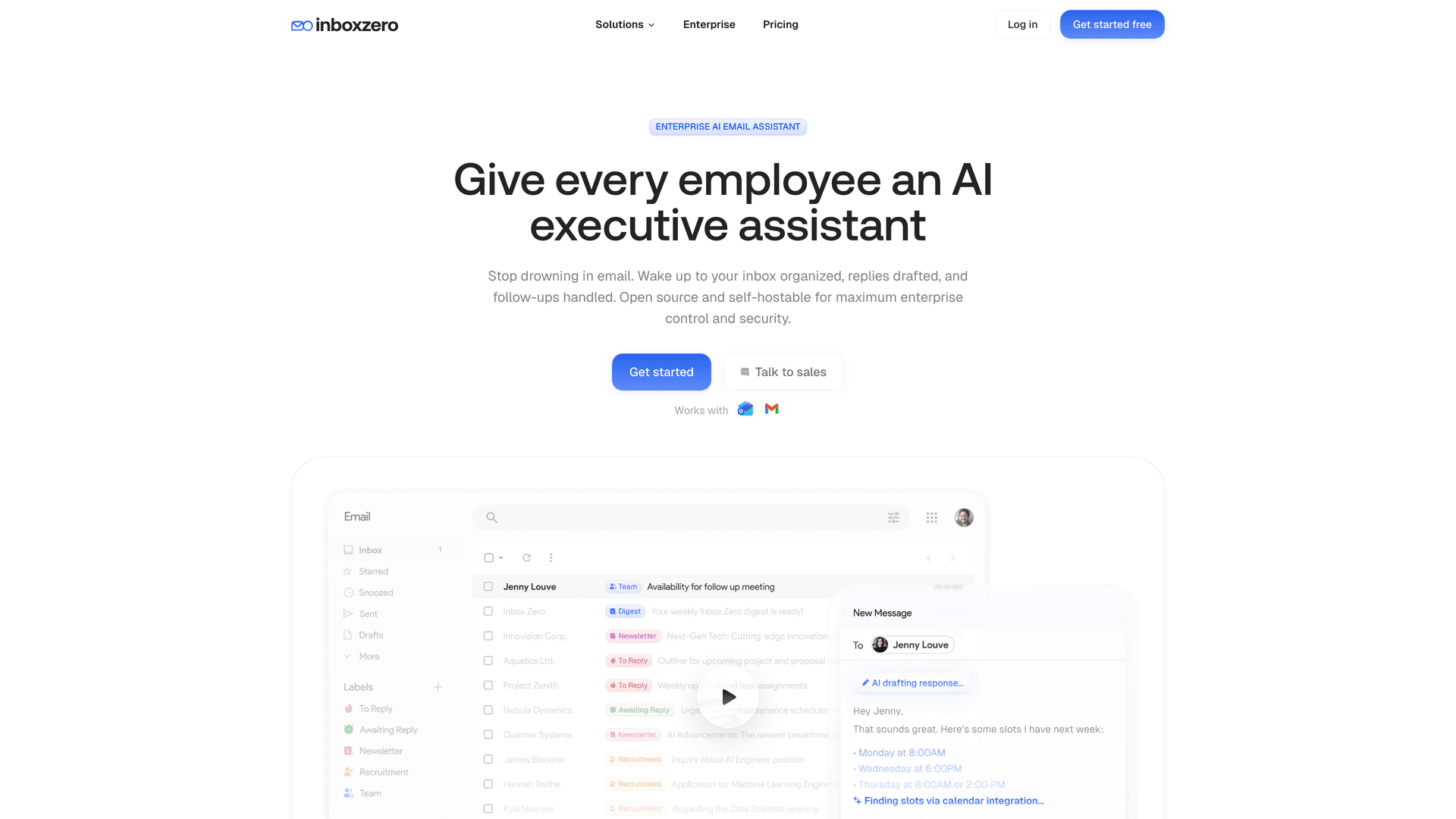Inbox Zero enterprise email management platform page showing security features and team-scale AI automation for organizations